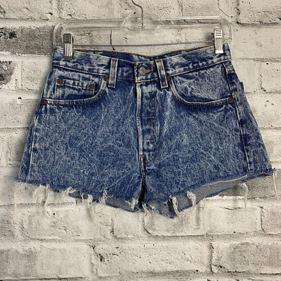 Levi's 501 Vintage Cut Off Jean Shorts Blue Acid Wash Raw Frayed Hem - Picture 1 of 6
